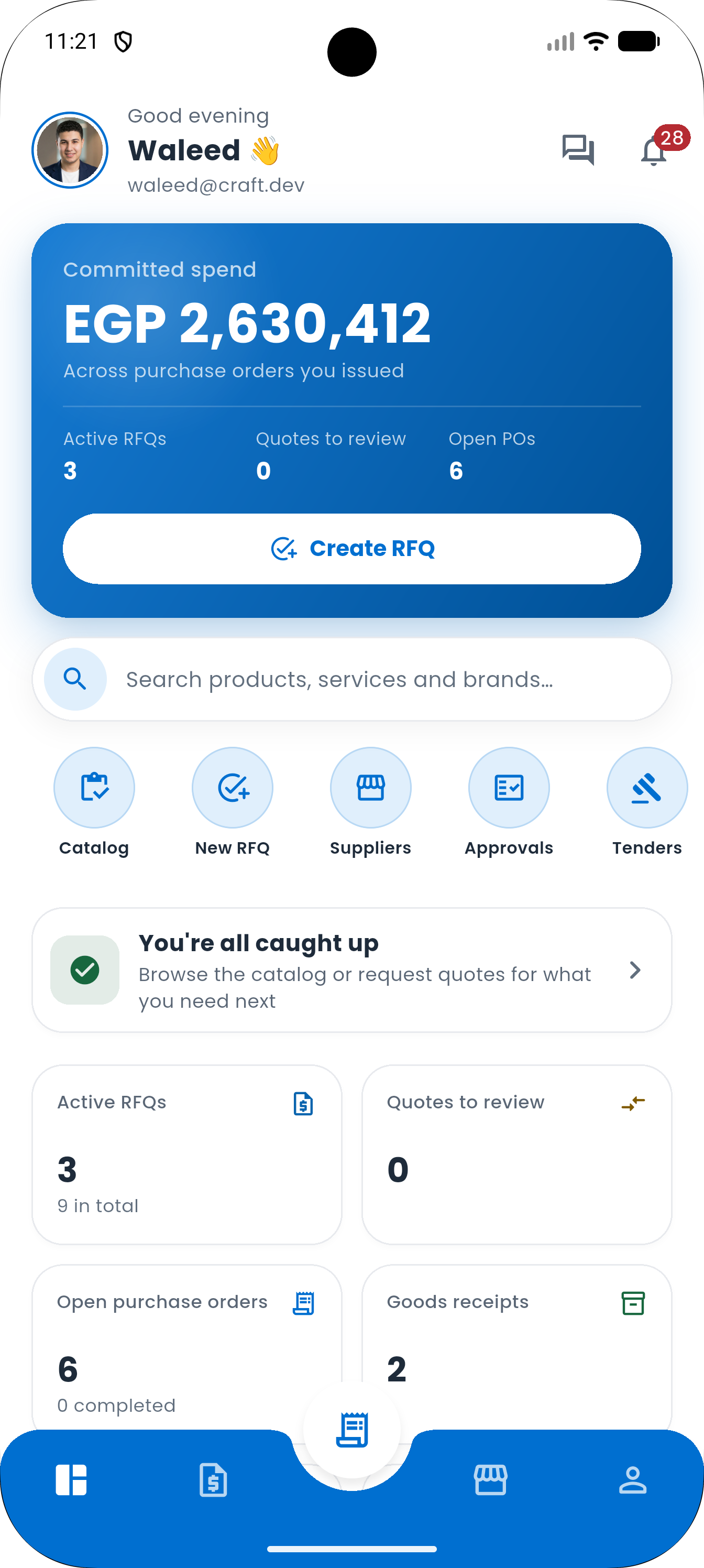 ProcMarts Buyer Mobile Companion App — Native Flutter Screen